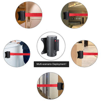 Black Wall Mounted Full Metal Crowd Control Retractable Belt Safety Barriers with 6.5Ft Red Belt, supports Belt Automatic Deceleration and Locking Button