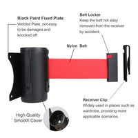 Black Wall Mounted Full Metal Crowd Control Retractable Belt Safety Barriers with 6.5Ft Red Belt, supports Belt Automatic Deceleration and Locking Button